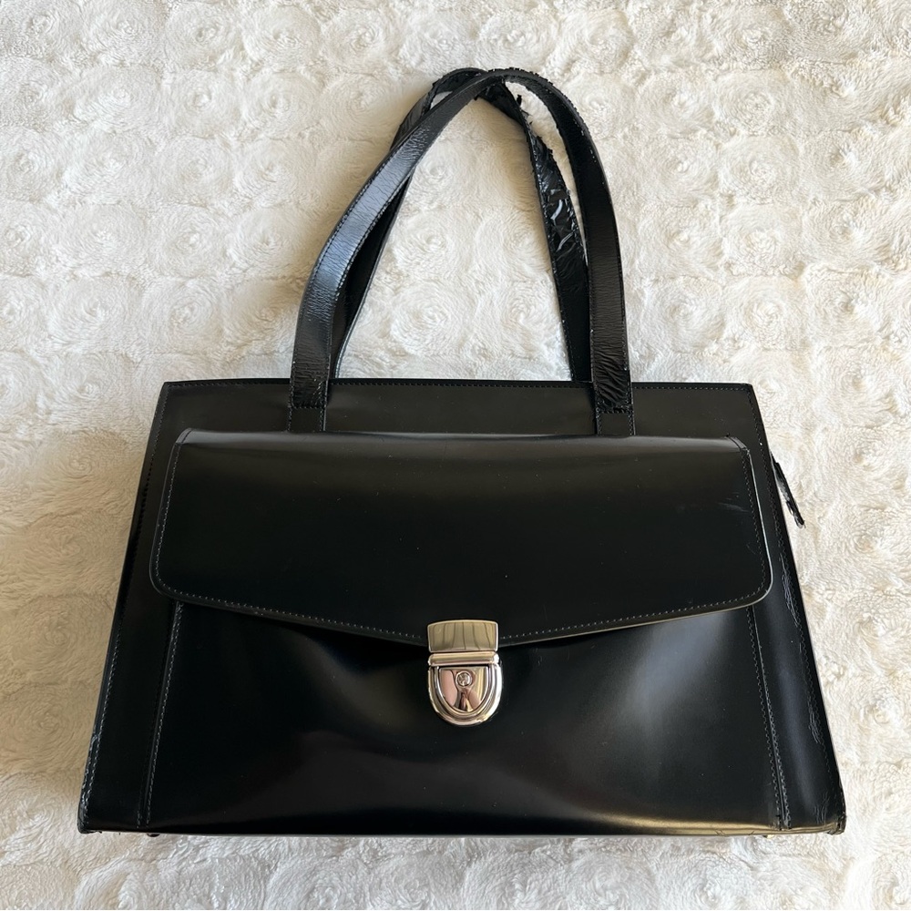 Jack Georges Bag Briefcase Womens Black Italian Leather Laptop Sleeve Zip *READ*